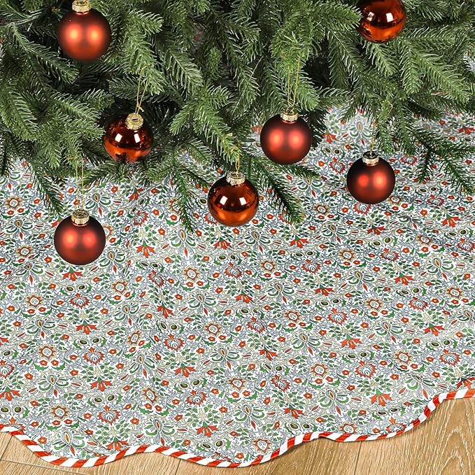 Christmas Tree Skirt Cotton Floral Block Tree Skirt in Nature Color for Home Xmas Party Seasonal Holiday Decoration Indoor Outdoor(60 Inch,Green)