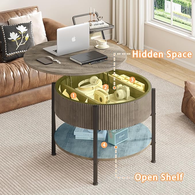 Small Round Coffee Table with Fluted Panel, Lift Top Coffee Table with Hidden Compartment and Open Shelf, Modern Lift Tabletop Dining Central Table for Living Room, Home Office, Grey