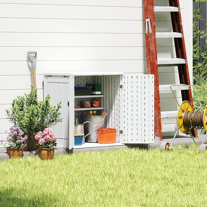 EHHLY Heavy Duty Small Storage Cabinet Outdoor Weatherproof, 14 Cuft Garage Storage Cabinet with 2 Adjustable Shelves, Lockable Kitchen Pantry Closer Organizer, 31Wx23Lx34H, Polar White