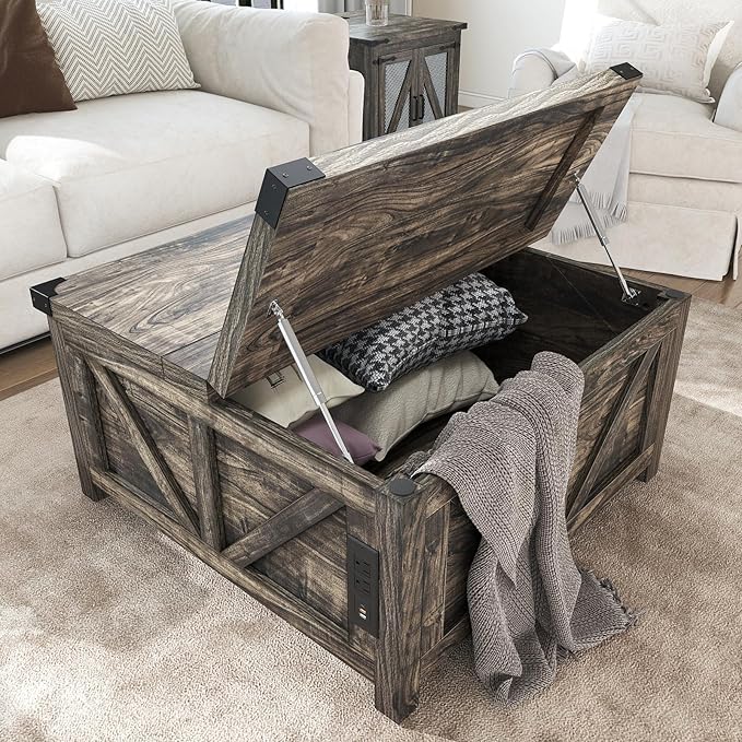 Farmhouse Lift Top Coffee Table with Storage, Wood Square Center Table with Charging Station&USB Port, Living Room Table w/Large Hidden Space, for Living Room, Bedroom, Home Office, Dark Grey