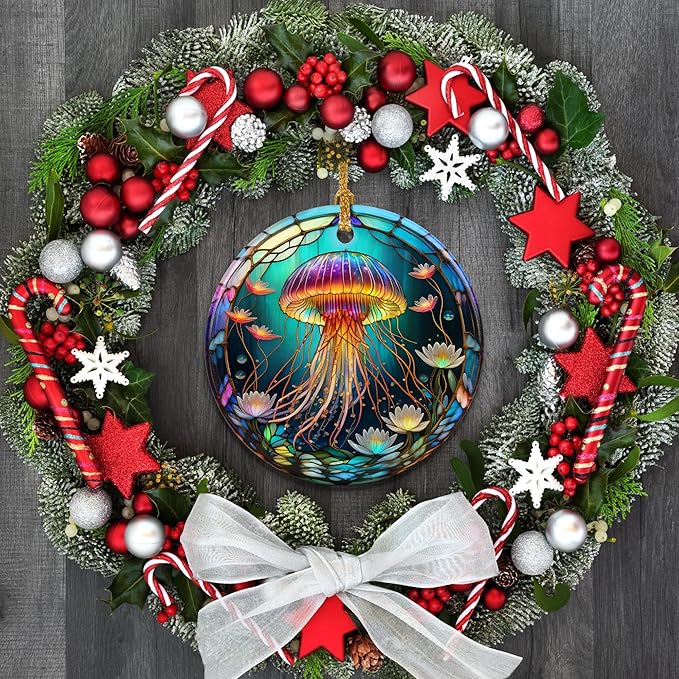 Stained Ceramic Jellyfish Ornament - Jellyfish Christmas Ornaments - Christmas Tree Ornaments - Christmas Decorations - Jellyfish Decor for Office, Room, Home - Holiday Present Ideas