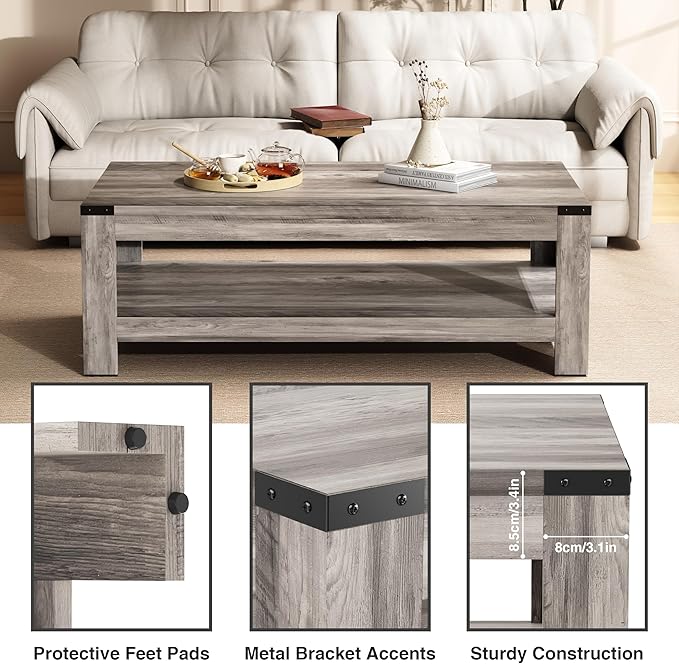 Farmhouse Coffee Table, Modern Rustic Wooden Center Table with Storage, Living Room Tables, 2-Tier Industrial Cocktail Tea Table for Living Room (Wash Gray, 47.2 in)