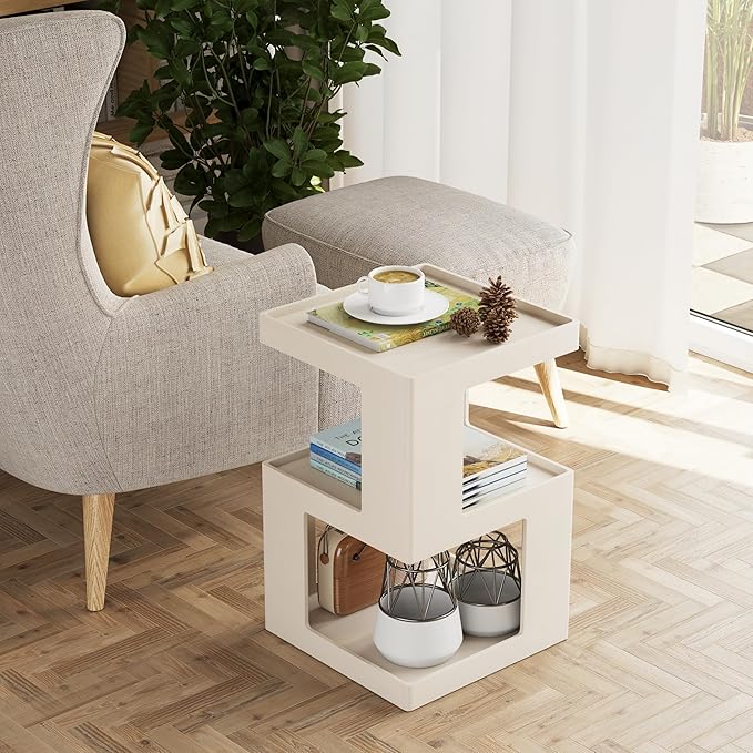 COZAYH Farmhouse Geometric Wood End Table, Distressed Accent Side Table with Two Storage Space, 3-Layer Cube Design for Bedroom, Living Room, Entryway, White