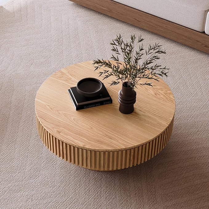 39" Round Coffee Table with Hidden Storage Compartment, Modern Handcraft Fluted Drum Coffee Table, Wooden Circle Center Table Cocktail Tea Table with Sturdy Pedestal for Living Room, Natural