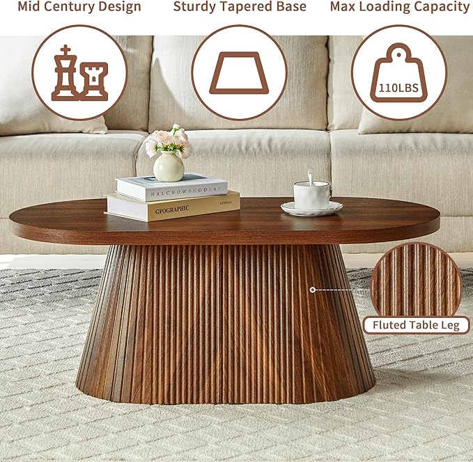 Fluted Coffee Table with Sturdy Tapered Base, Wood Oval Small Coffee Table, Mid Century Modern Center Table for Living Room Office (Walnut)