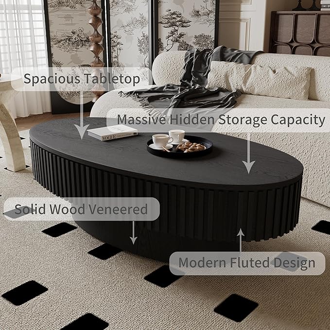 47" Oval Coffee Table with Hidden Storage Compartment, Modern Handcraft Fluted Drum Coffee Table, Wooden Oval Center Table Cocktail Tea Table with Sturdy Pedestal for Living Room, Black