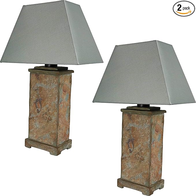 Sunnydaze 24" Outdoor Table Lamp - Weather-Resistant Natural Slate Light for Indoor or Outdoor Use - Cotton Lampshade - Set of 2