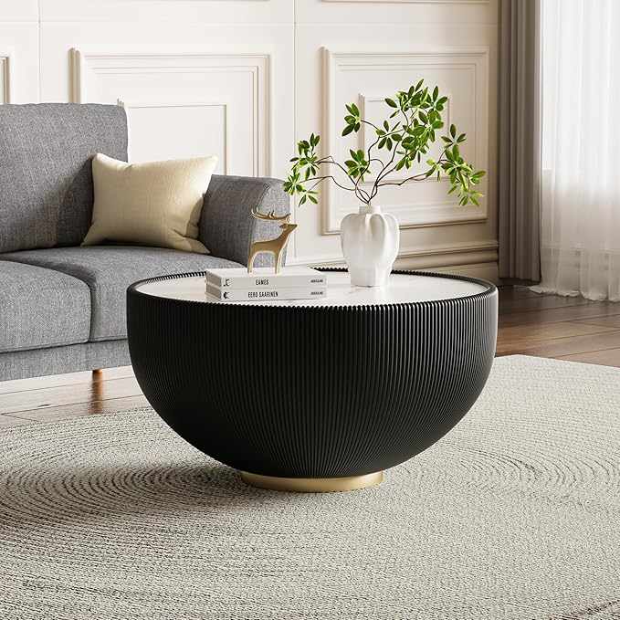Round Living Room Table Set, 27.56" Black Drum Center Table and 19.69" White Coffee Table Set, 2 Pieces Coffee Table Set with Sintered Stone Tabletop, Fluted PU Leather Covered and Metal Base