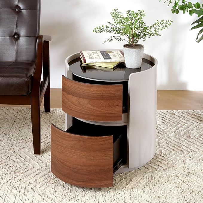 WILLIAMSPACE 17.13" Round Small Coffee Table with Double Storage Drawers & Tempered Glass Top, Modern Accent Side Table Retro Style End Sofa Table for Living Room Apartment, Brown + Gray