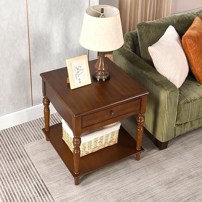 Solid Wood End Table with Drawer and Storage Shelf, Anne Queen Designed Beside Table with Solid Wood Roman Legs, Square Accent Tables and Meeting Table for Living Room, Bedroom Cherry Brown