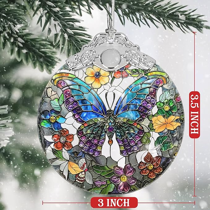 Christmas Decorations Ornaments, Stained Glass Ornament, Christmas Tree Ornaments, 2025 Gift Ornament, Xmas Gift for Friend Family Coworker - Butterfly