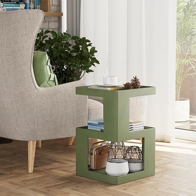 COZAYH Farmhouse Geometric Wood End Table, Distressed Accent Side Table with Two Storage Space, 3-Layer Cube Design for Bedroom, Living Room, Entryway, Green