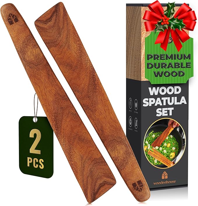 Wooden Spatula for Cooking Set of 2 – 12 Inch Teak Spatula Turner & Flipper for Cast Iron, Flat Egg & Pancake Scraper – Utensils by Woodenhouse - White Elephant Gift ideas, Kitchen Gifts for Women Men