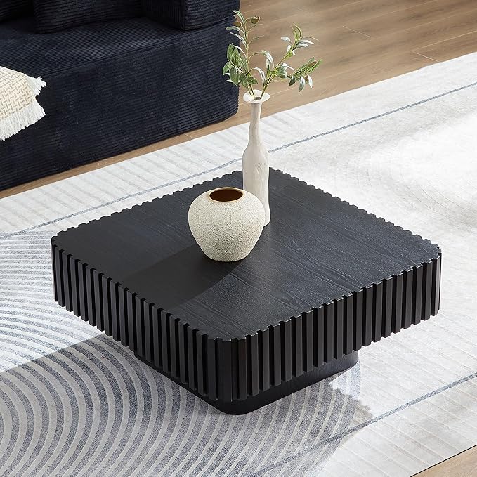 31.5" Square Coffee Table with Sturdy Base, Modern Luxury Wood Drum Center Tables,Small Wooden Accent with MDF, for Living Room, Minimalist Fluted Design-Black