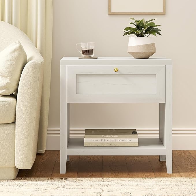 Nightstand with Storage Drawer, Farmhouse Large Bedside End Table with Open Shelf, Modern Wood Night Stand for Sofa, Bedroom, Antique White