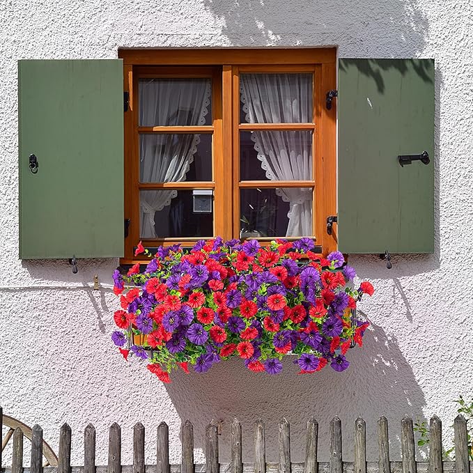 Artificial Flowers for Outdoors Decoration, 10 Bundles Fake Plastic Flower Plant, Faux Colorful Silk Morning Glory Eucalyptus for Spring Summer Outside Garden Porch Front Door Decor, Red Purple