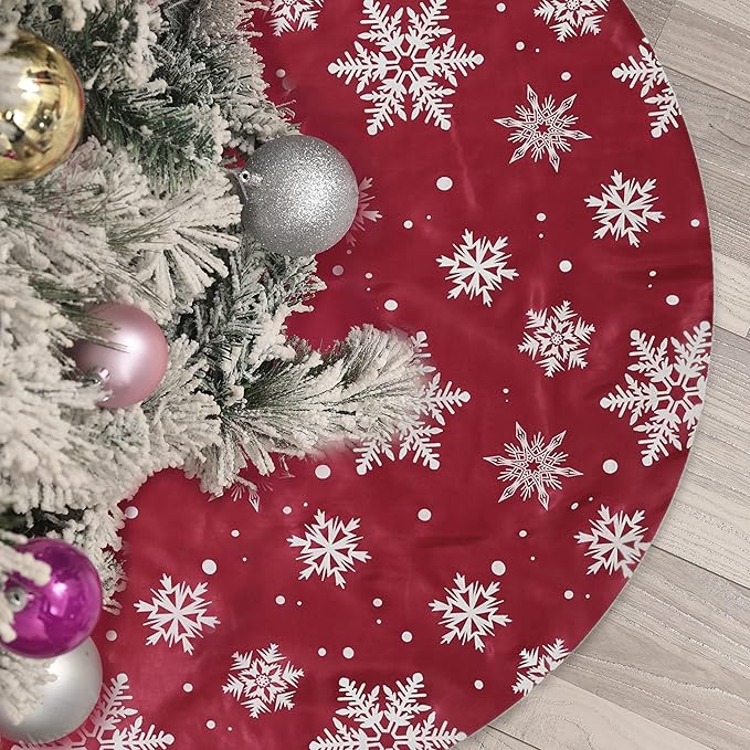 Flash World 36 Inch Large Christmas Tree Skirt Xmas Soft Cover Mat Decor Snowflake Collar Farmhouse Tree Skirt for Holiday Ornaments Party Home Indoor Decorations (Flocking Red, 36INCH)
