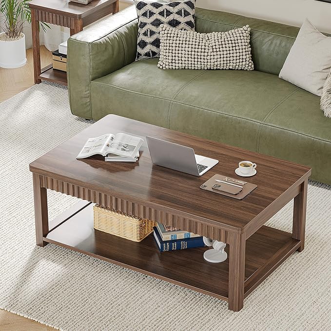 Coffee Table, 39 Inch Modern Coffee Tables for Living Room with 2-Tier Storage & Wave-Edge, Walnut Center Table for Bedroom/Office