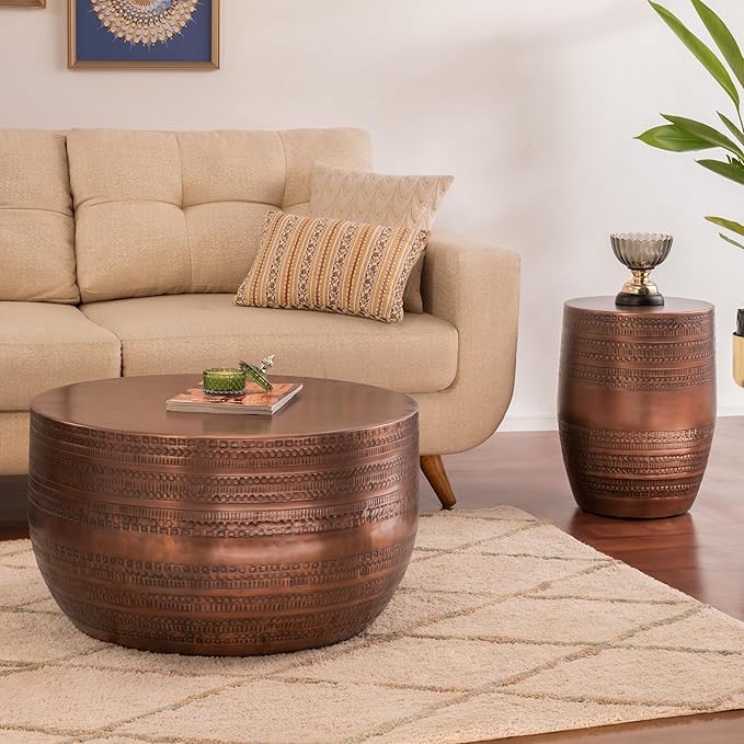 Modern Round Aluminum Hammered Embossed Texturing Metal End Table, Hand-Stamped Iron, Boho Accent Side Table, Drum Shaped, for The Living Room and Bedroom, Copper