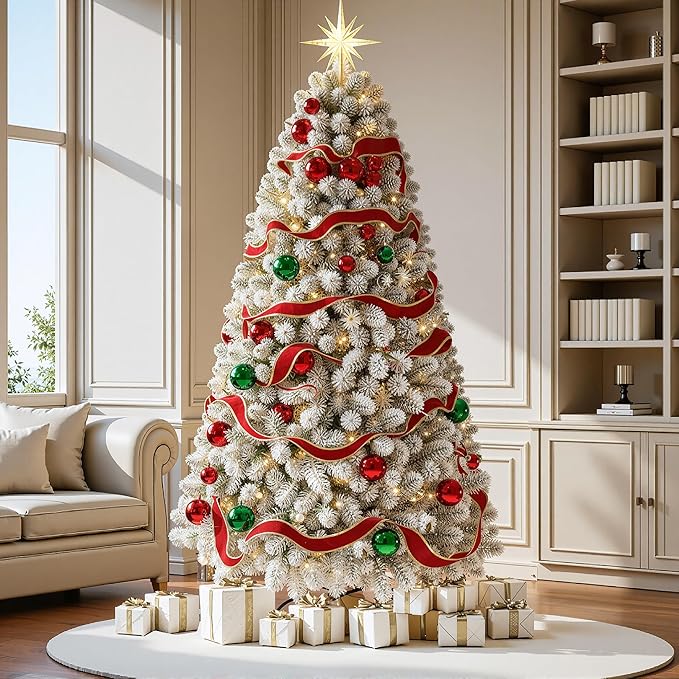 6 FT Prelit Snow Flocked Christmas Tree, Artificial Spruce Christmas Tree with 250 Warm White LED Lights, 850 PVC Branch Tips, Easy Assembly/Metal Stand/Hinged Branches Decoration