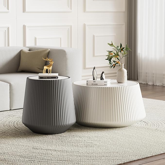 Round Living Room Table Set, 26.77" White Drum Center Table and 19.68" Grey Coffee Table Set, 2 Pieces Coffee Table Set with Sintered Stone Tabletop, Fluted PU Leather Covered and StableBase