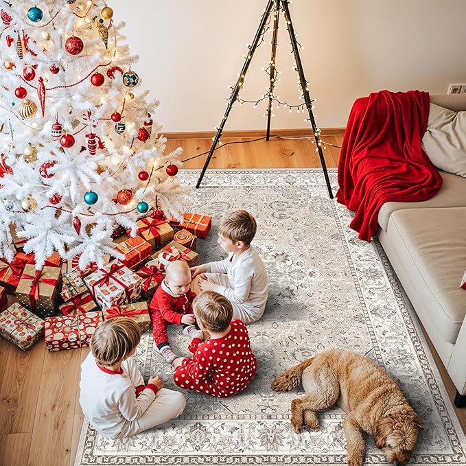 4x4 Washable Square Area Rug: Soft Entryway Kitchen Carpet with Non-Slip Backing Neutral Bathroom Nursery Floor Mat Water Resistant Low Pile Rug for Living Room Bedroom Cute Home Decor(4x4,Beige)