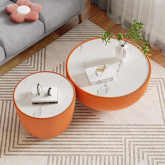Round Living Room Table Set, 29.53" Orange Drum Center Table and 19.69" Orange Coffee Table Set, 2 Pieces Coffee Table Set with Sintered Stone Tabletop,Fluted PU Leather Covered and Metal Base