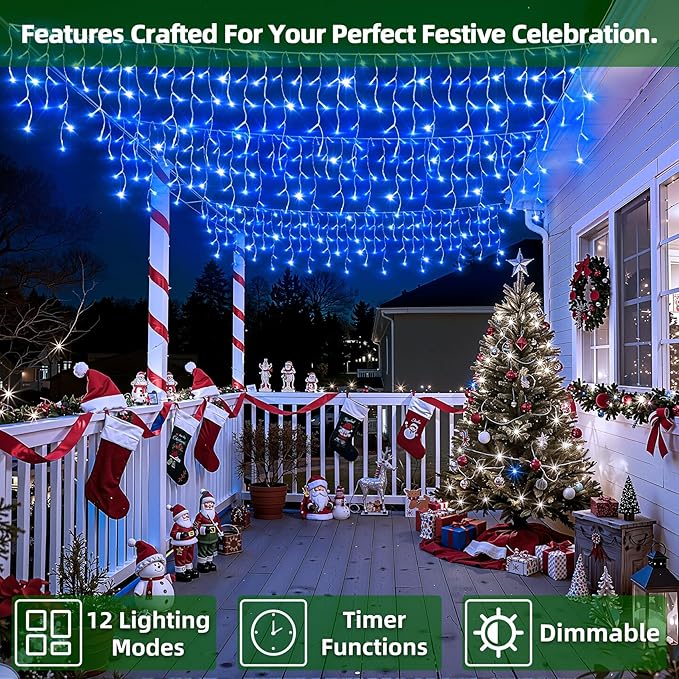 810 LED Christmas Lights with 180 Drops, 82ft 12 Modes Blue Fairy String Lights with Timer Dimmable, Waterproof Twinkle Lights for Indoor Outdoor Holiday Wedding Party Eaves Yard Yard Christmas Decor