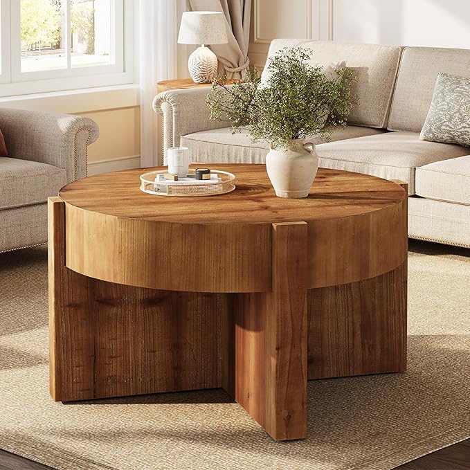 Solid Wood Coffee Table, 32 Inch Round Coffee Table for Living Room, Large Farmhouse Center Table with Thick Tabletop for Home, Easy Assembly, Rustic Brown