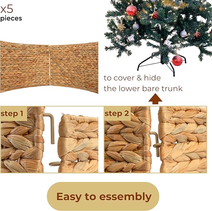 KOLWOVEN 28in Christmas Tree Collar Large to Small Christmas Tree, Woven Christmas Tree Ring Adjustable Skirt, Christmas Tree Skirt for Decoration, Base Protection from Pets (Water Hyacinth)