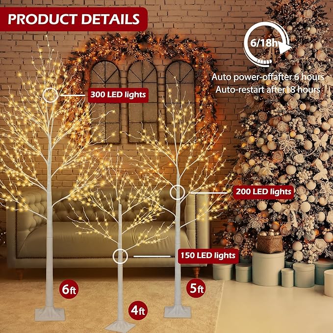 HUGROVE Lighted Birch Tree,4FT/5FT/6FT White Twinkle Christmas Tree with LED,Warm White,Adjustable Branches, Artificial Birch Tree Lights with Timer,Indoor & Outdoor & Christmas Use (Branches)