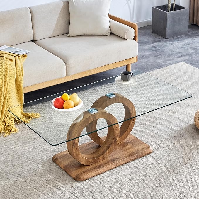 Modern Glass Coffee Table, 47”Rectangular Coffee Table for Living Room, Clear Center Table with Tempered Glass Top and Wood Finish Base