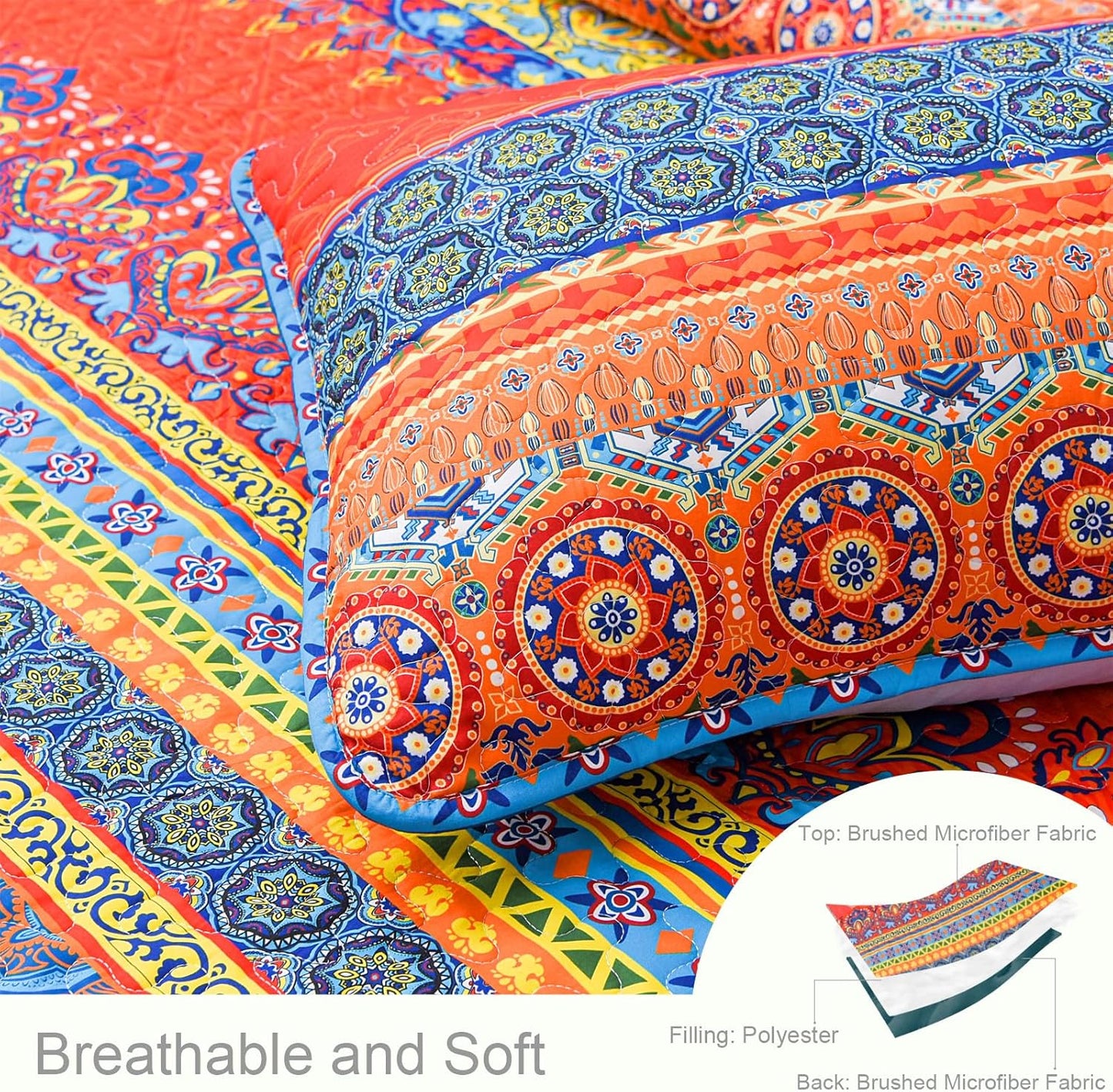 Exclusivo Mezcla Reversible Boho Quilt Set King Size, 3 Pieces Bohemian Blue All Season Bedspreads, Ultra Soft Floral Coverlet Bedding Set with Printed Pattern (1 Quilt, 2 Pillow Shams)