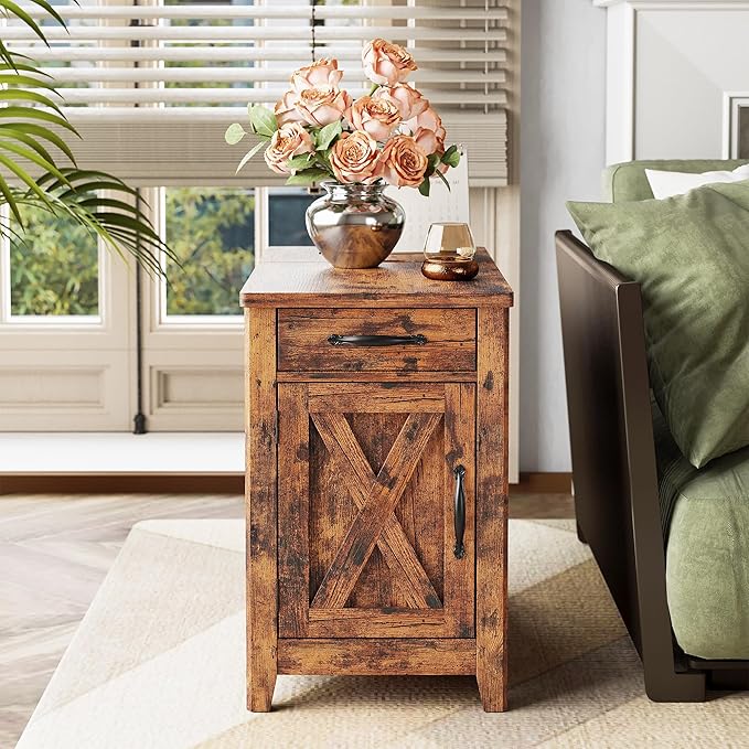IRONCK End Table with Charging Station, Narrow Side Table for Living Room, Farmhouse Night Stand for Bedroom, Beside Table with Storage and Drawer for Home, Vintage Brown
