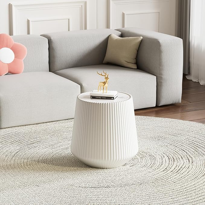 19.68" White Round Coffee Table, Drum Coffee Table with Sintered Stone Tabletop and Fluted PU Leather Covered and Stable Base, Circle Cocktail Tea Table for Living Room