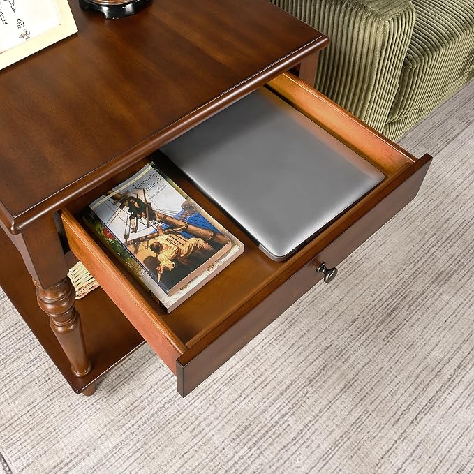 Solid Wood End Table with Drawer and Storage Shelf, Anne Queen Designed Beside Table with Solid Wood Roman Legs, Square Accent Tables and Meeting Table for Living Room, Bedroom Cherry Brown