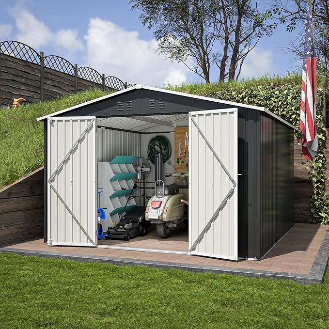 10x10 FT Outdoor Storage Shed, Large Metal Garden Shed with Lockable Hinged Doors, Outside Tool Shed with Sloped Roof & 4 Air Vents, Waterproof Storage Building for Backyard, Patio, Lawn, Black