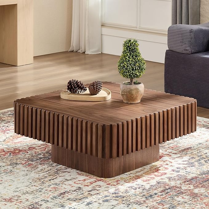31.5" Square Coffee Table with Sturdy Base, Modern Luxury Wood Drum Center Tables,Small Wooden Accent with MDF, for Living Room, Minimalist Fluted Design-Walnut