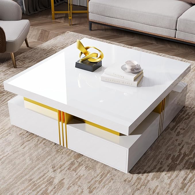 Merax 43.3" Modern Glossy Square Storage Coffee Table with 4 Drawers, Gold Accents, Functional Center Tables for Living Room Apartment, Glossy White