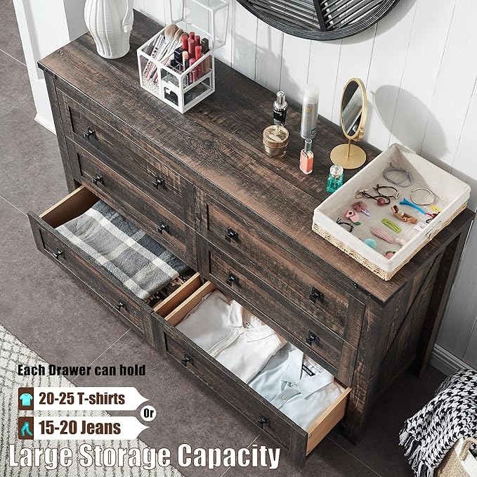 T4TREAM Farmhouse 6 Drawers Dresser for Bedroom, Wood Rustic Wide Chest of Drawers, Storage Dressers Organizer for Bedroom, Living Room, Hallway, Dark Rustic Oak