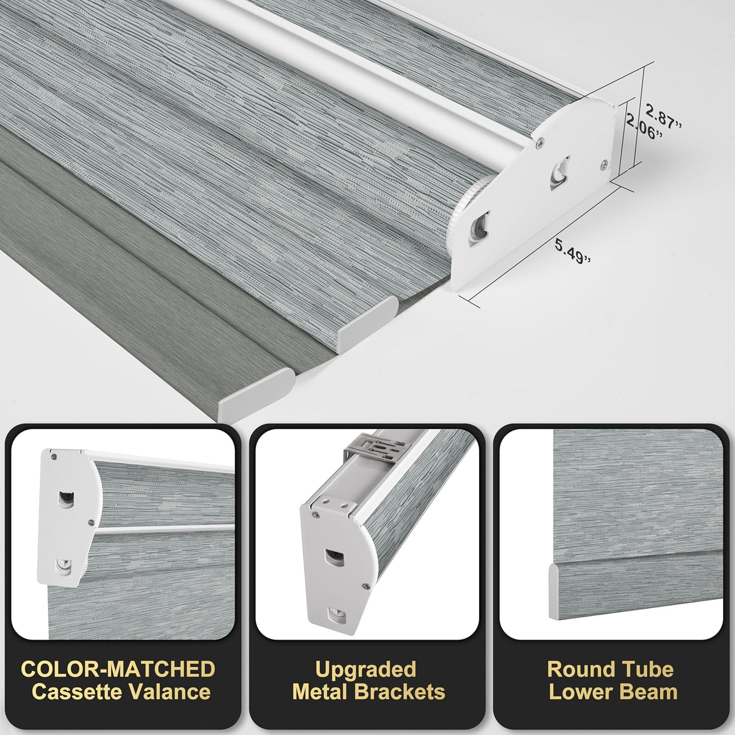 BERISSA Cordless Dual Roller Shades with Cassette Valance, Double Window Shades - Blackout and Light Filtering, Day and Night for Home Office Door. Striped Jacquard Grey. 35 W x 64" H