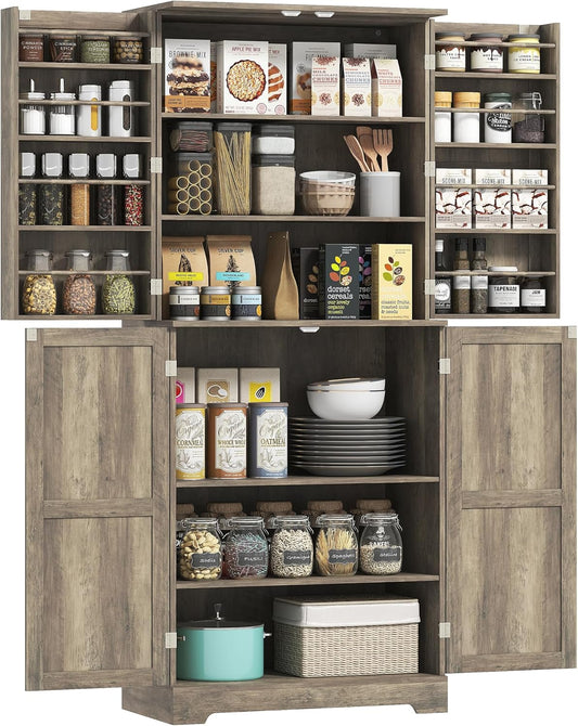 HOMCOM 72" Farmhouse Kitchen Pantry Cabinet, Freestanding Tall Storage Cabinet with 4 Barn Doors, 4 Adjustable Shelves and 8 Door Shelves, Gray Wash