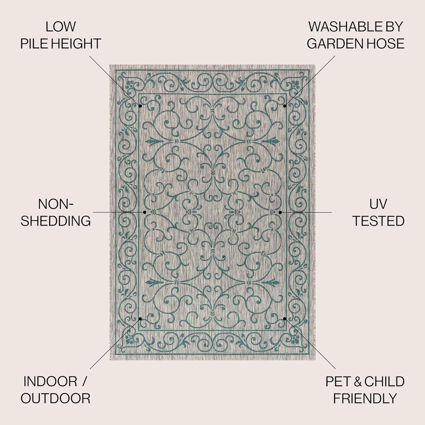 JONATHAN Y Vintage Filigree Indoor Outdoor Square Area Rug 8X8 Gray/Teal, Charleston Textured Weave for Backyard, Patio, Porch, Easy-Cleaning, High Traffic, Pet-Friendly, Non-Shedding (SMB106E-8SQ)