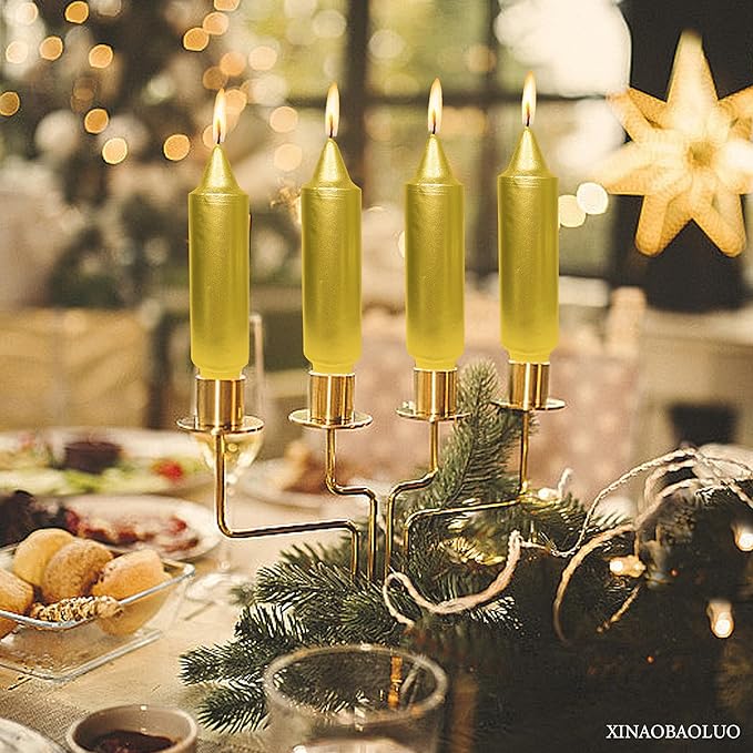 5Inch Short Taper Candles Candlesticks Handmade Set of 4 Unscented Smokeless Dripless Tapered Candle Candle Stick for Wedding Christmas Decoration(Gold)