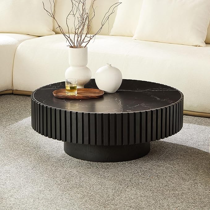 35.43'' Round Coffee Table with Faux Marble Tabletop, Modern Drum Center Coffee Tables Luxury Circle Coffee Table for Bedroom,Apartment,Living Room-Black