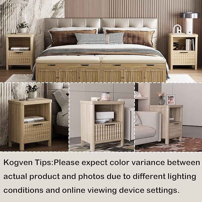 Nightstand Night Stand with Drawer Storage, Large Modern Wood Bed Side Table with Fluted Panel, Mid Century Farmhouse Sofa Couch End Table for Bedroom (Nature Wood, 20 * 15Inch /1 Piece)