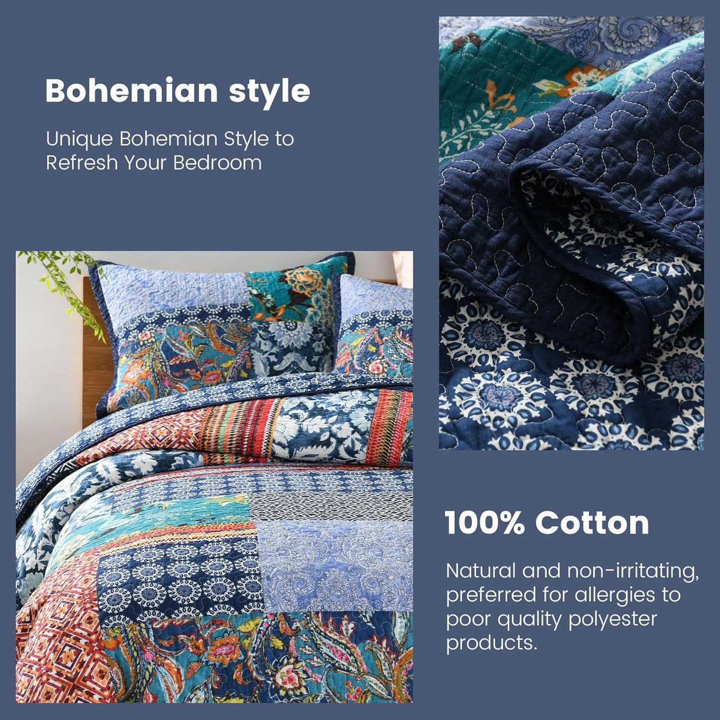 Secgo California King Quilt Size - 100% Cotton Oversized California Comforter Set Bedding Sets (120 * 110 Inch) with 2 Pillow Shams, Patchwork Reversible Lightweight Bedspread
