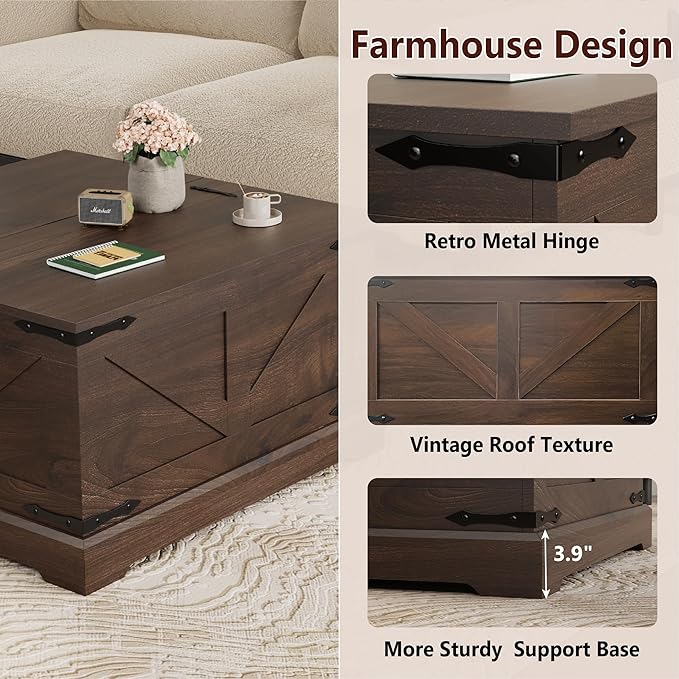 Vintage Storage Coffee Table, Lift Top Coffee Table, Square Center Table, Living Room Tables, Wood Tea Table (Walnut Brown)