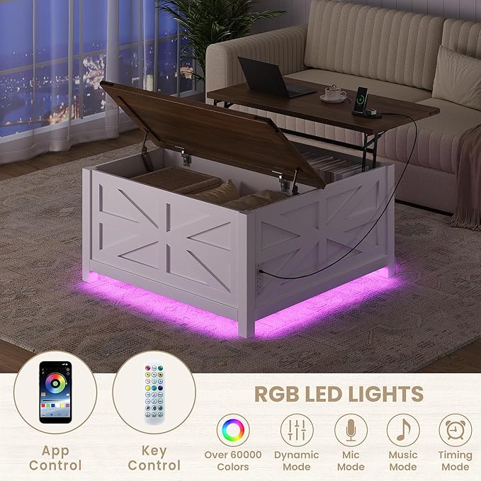 Farmhouse Coffee Table with Lift Top Storage, Square Wood Center Table, USB Charging Station,White