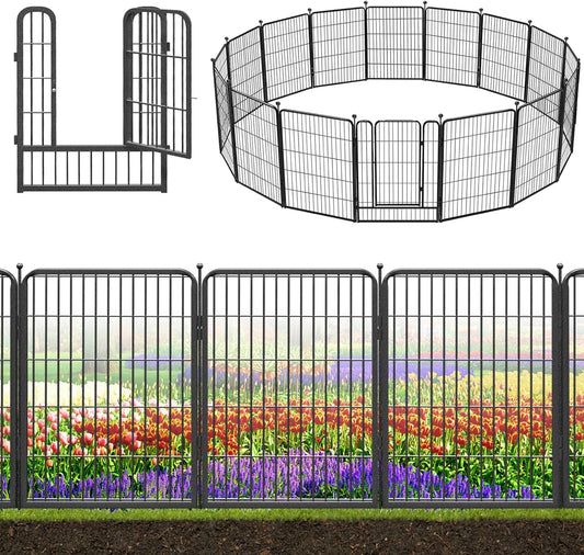 Decorative Black Metal Fencing Garden Fence with Gate, 36ft(L) 32in(H) 16 Fence Panels No Dig Fence Rustproof Animal Barrier Fence Temporary Dog Panels Fencing Outdoor